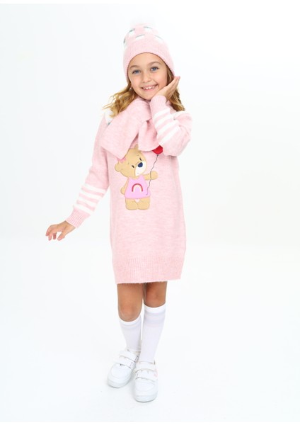 Kız Çocuk Kışlık Elbise Balon Tutan Ayıcık Işlemeli Bere ve Atkılı 3'lü Takım modelleri