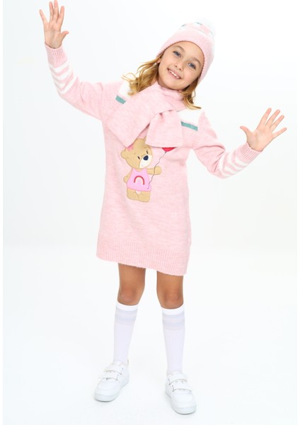 Kız Çocuk Kışlık Elbise Balon Tutan Ayıcık Işlemeli Bere ve Atkılı 3'lü Takım indirimleri