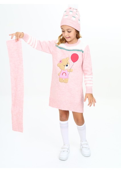 Kız Çocuk Kışlık Elbise Balon Tutan Ayıcık Işlemeli Bere ve Atkılı 3'lü Takım