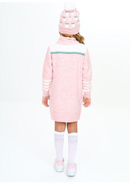 Kız Çocuk Kışlık Elbise Balon Tutan Ayıcık Işlemeli Bere ve Atkılı 3'lü Takım