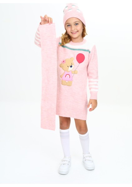 Kız Çocuk Kışlık Elbise Balon Tutan Ayıcık Işlemeli Bere ve Atkılı 3'lü Takım