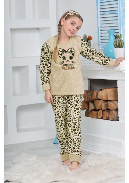 Kız Çocuk Leopar Desenli Göz Bantlı Peluş Polar Pijama Takımı