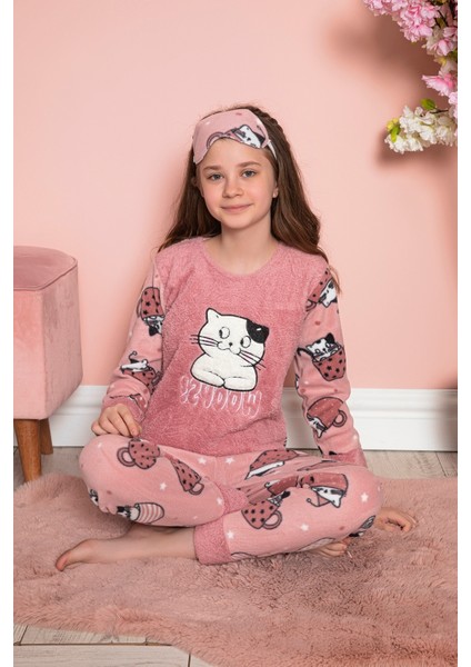 Kız Çocuk Welsoft Kumaş-Göz Bantlı Kedicik Baskılı Pijama Takımı 12282