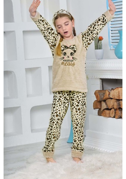 Kız Çocuk Leopar Desenli Göz Bantlı Peluş Polar Pijama Takımı fiyatları