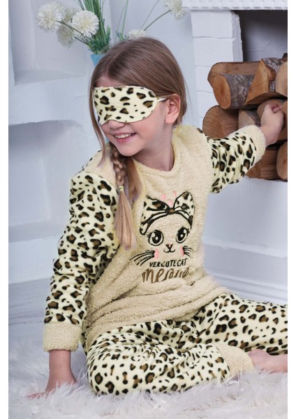 Kız Çocuk Leopar Desenli Göz Bantlı Peluş Polar Pijama Takımı modelleri