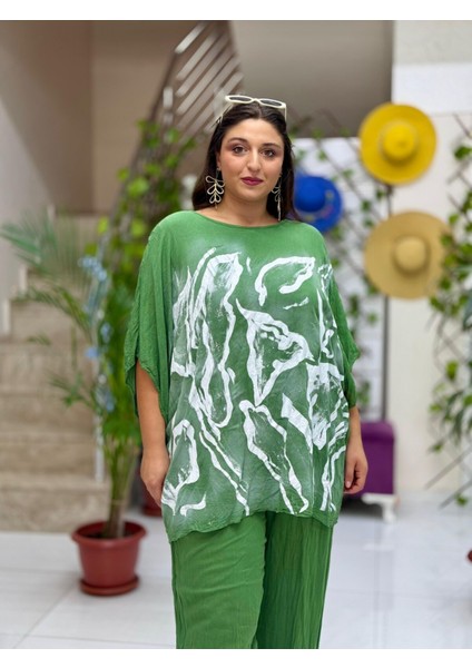 VL3009 Yarasa Kol Baskılı Vual Bluz Haki modelleri