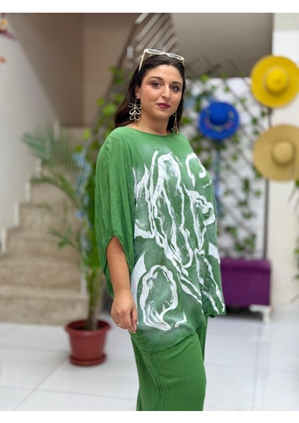 VL3009 Yarasa Kol Baskılı Vual Bluz Haki indirimleri