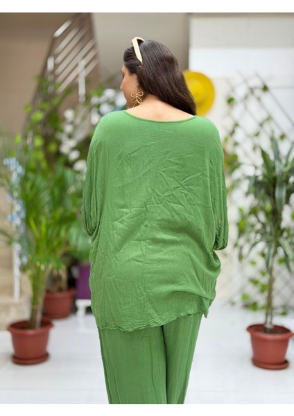 VL3009 Yarasa Kol Baskılı Vual Bluz Haki