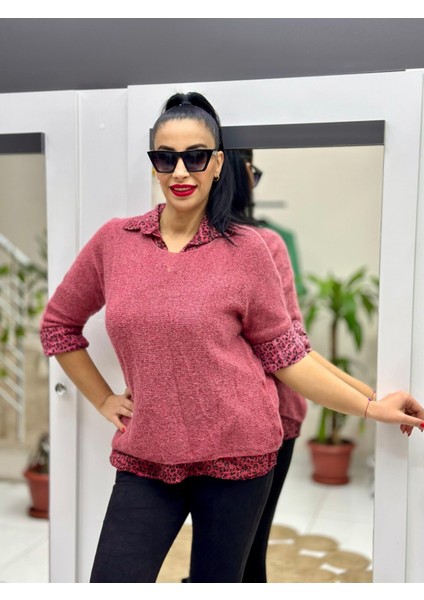 NC516022 Italyan Leopar Desen Fularlı Erkek Yaka Kazak Bordo