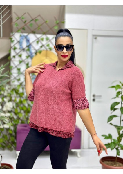 NC516022 Italyan Leopar Desen Fularlı Erkek Yaka Kazak Bordo fiyatları