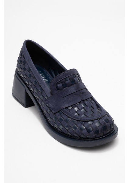 Marlon Lacivert Örgülü Kadın Kalın Topuklu Loafer Ayakkabı modelleri