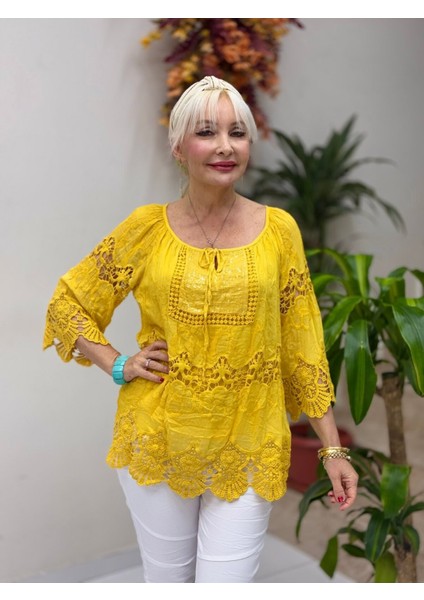 NC20428 Italyan Klasik Ipek Bluz Hardal