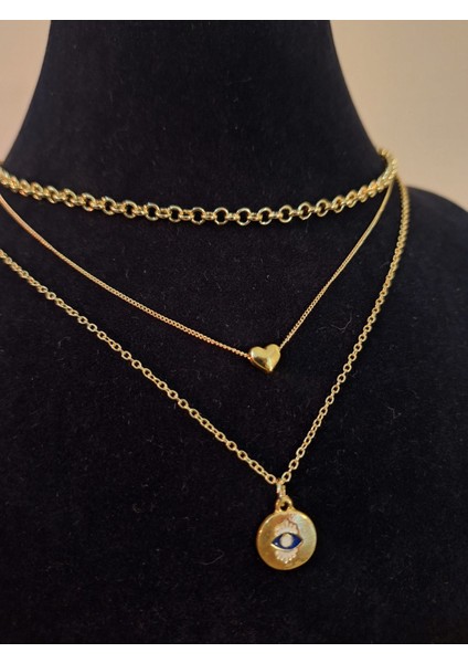 3’lü Set Altın Renk Kalp ve Nazar Göz Figürlü Kadın Kolye
