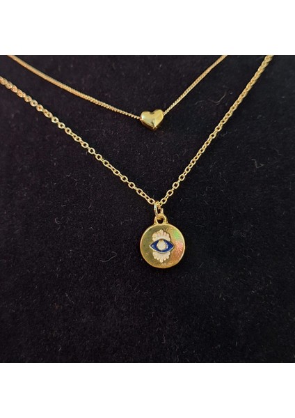 3’lü Set Altın Renk Kalp ve Nazar Göz Figürlü Kadın Kolye modelleri