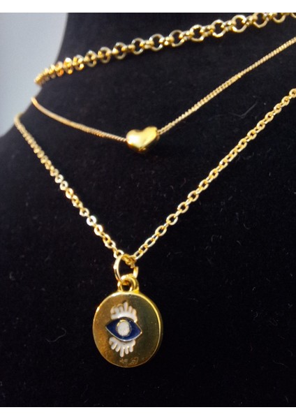 3’lü Set Altın Renk Kalp ve Nazar Göz Figürlü Kadın Kolye fırsatları