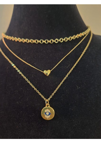 3’lü Set Altın Renk Kalp ve Nazar Göz Figürlü Kadın Kolye indirimleri