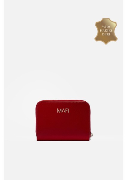Mavi Lume Hakiki Deri Fermuarlı Kırmızı Cüzdan