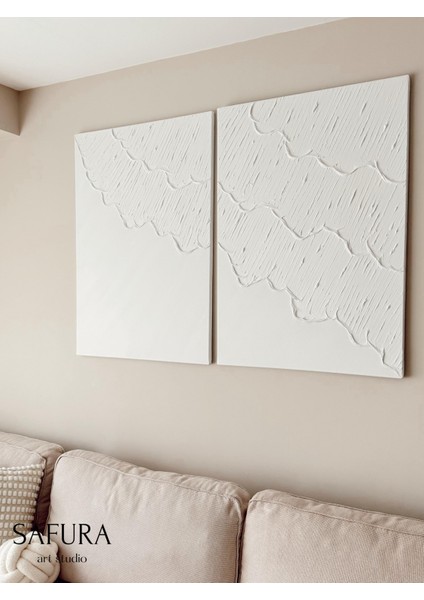 Dokulu Tablo – El Yapımı 3 Boyutlu Alçı Minimalist Dekor, Modern Iskandinav Duvar Sanatı (Dalga No:1 Beyaz)