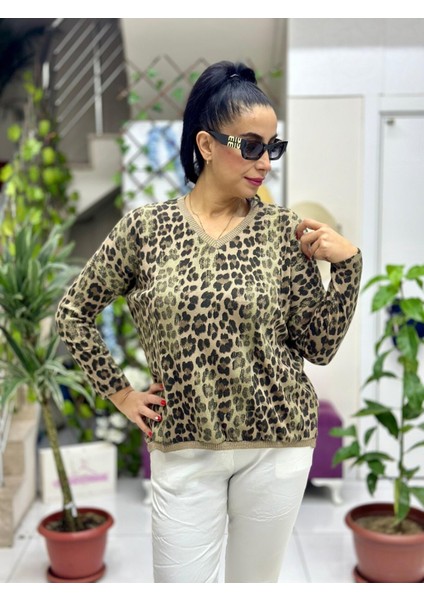 P24503 Italyan Simli Leopar Bluz Vizon