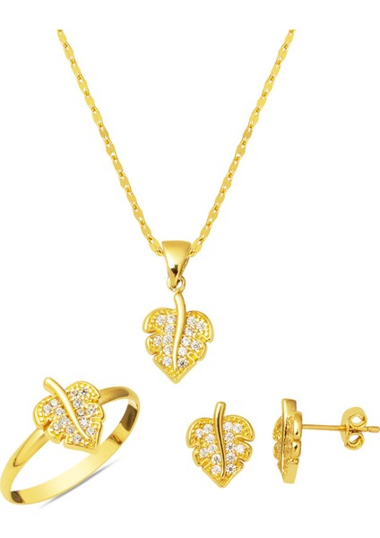 Yapraklı Minimal 14 Ayar Altın Takı Seti