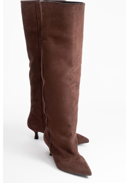 Zach Kahverengi Süet Diz Üstü Kadın Kısa Topuklu Çizme