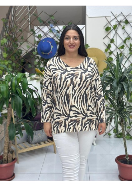 NC22884 Zebra Desenli Triko Bluz Krem