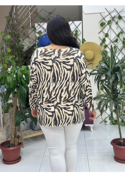 NC22884 Zebra Desenli Triko Bluz Krem fiyatları