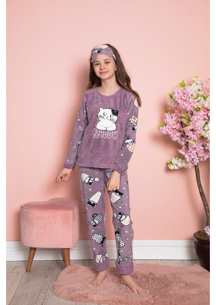 Kız Çocuk Welsoft Kumaş-Göz Bantlı Kedicik Baskılı Pijama Takımı 12282