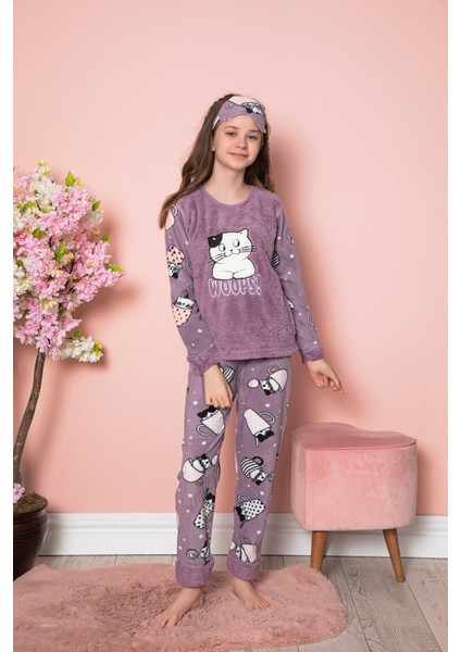 Kız Çocuk Welsoft Kumaş-Göz Bantlı Kedicik Baskılı Pijama Takımı 12282 fiyatları