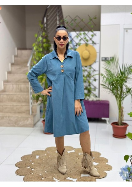 AY238166 Erkek Yaka Düğmeli Kadife Elbise Indigo