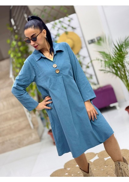 AY238166 Erkek Yaka Düğmeli Kadife Elbise Indigo fiyatları