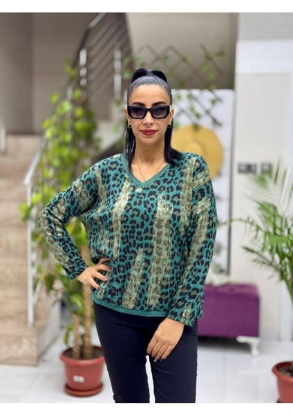 P245011 Italyan Simli Leopar Bluz Acıyeşil