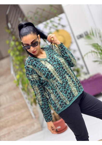 P245011 Italyan Simli Leopar Bluz Acıyeşil fiyatları