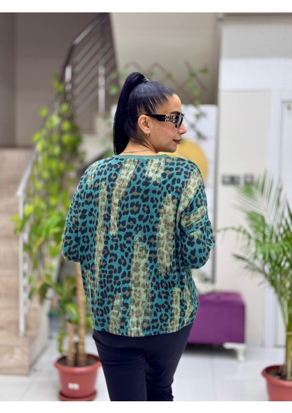 P245011 Italyan Simli Leopar Bluz Acıyeşil modelleri