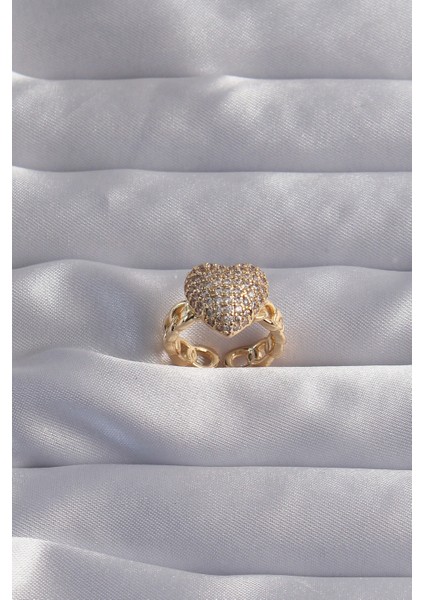 Pirinç Ayarlamalı Gold Renk Zirkon Taşlı Bombeli Kalp Yüzük TG27BYK3281