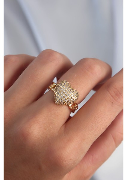 Pirinç Ayarlamalı Gold Renk Zirkon Taşlı Bombeli Kalp Yüzük TG27BYK3281 modelleri