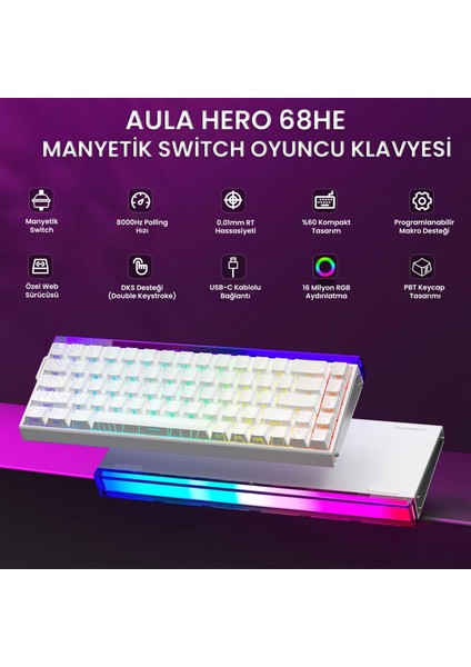 Hero 68 He Manyetik Klavye Rapid Trigger Black King Switch 8000Hz RGB Neon TKL Hot Swap Oyuncu Klavyesi Desenli Beyaz fiyatları
