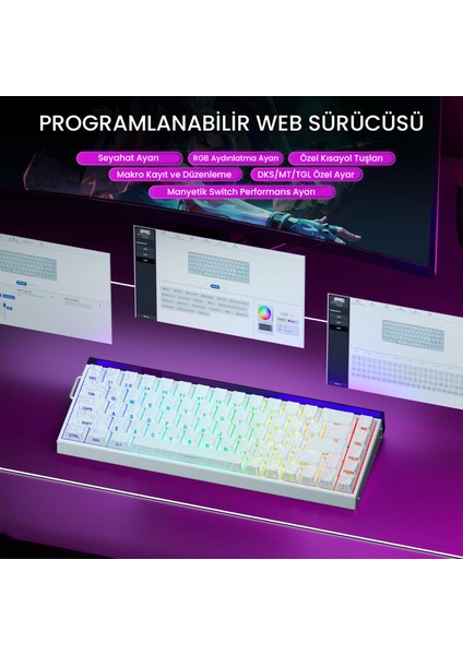 Hero 68 He Manyetik Klavye Rapid Trigger Black King Switch 8000Hz RGB Neon TKL Hot Swap Oyuncu Klavyesi Desenli Beyaz