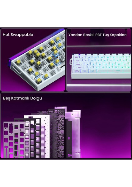 Hero 68 He Manyetik Klavye Rapid Trigger Black King Switch 8000Hz RGB Neon TKL Hot Swap Oyuncu Klavyesi Desenli Beyaz