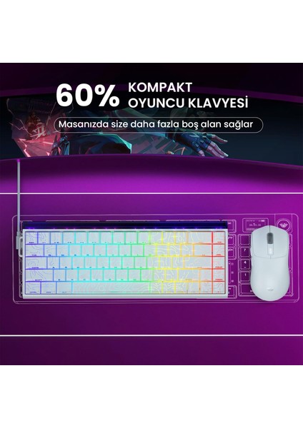 Hero 68 He Manyetik Klavye Rapid Trigger Black King Switch 8000Hz RGB Neon TKL Hot Swap Oyuncu Klavyesi Desenli Beyaz