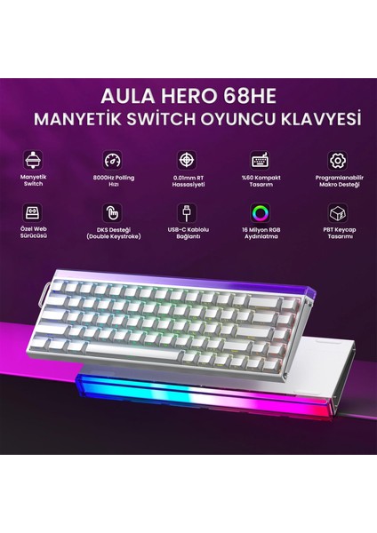 Hero 68 He Manyetik Klavye Rapid Trigger Jade King Switch 8000Hz RGB Neon TKL Hot Swap Oyuncu Klavyesi Beyaz fiyatları