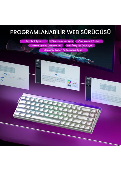 Hero 68 He Manyetik Klavye Rapid Trigger Jade King Switch 8000Hz RGB Neon TKL Hot Swap Oyuncu Klavyesi Beyaz