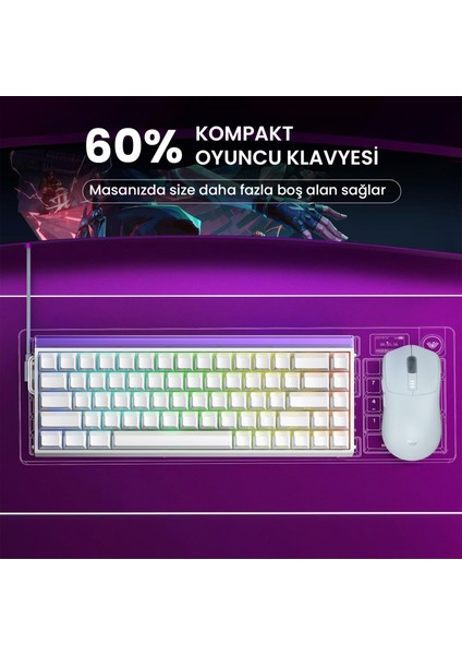 Hero 68 He Manyetik Klavye Rapid Trigger Jade King Switch 8000Hz RGB Neon TKL Hot Swap Oyuncu Klavyesi Beyaz