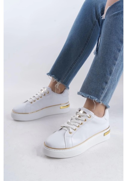 Mına Bağcıklı Ortopedik Taban Kadın Sneaker Spor Ayakkabı Bt - Beyaz/altın modelleri