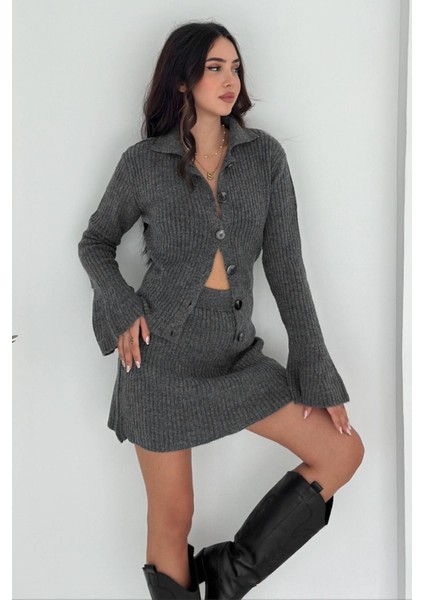 Fitilli Örgü Takım: Triko Hırka & Mini Etek Ikili Set 8009