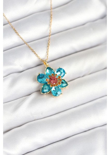 316L Çelik Zincirli Mavi Çiçek Model Kadın Kolye TG27BKO10598