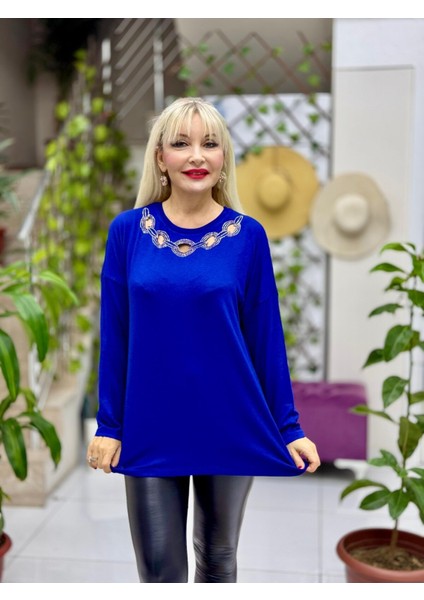 D12287 Yaka Detay Triko Bluz Lacivert