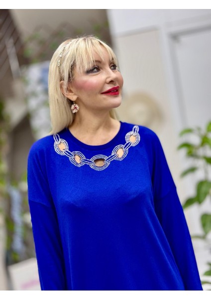 D12287 Yaka Detay Triko Bluz Lacivert fiyatları