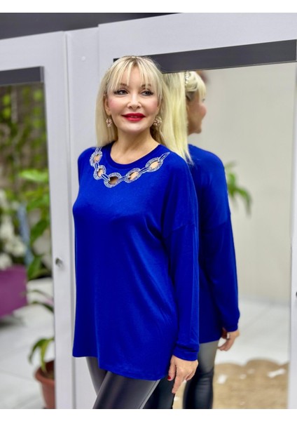 D12287 Yaka Detay Triko Bluz Lacivert modelleri