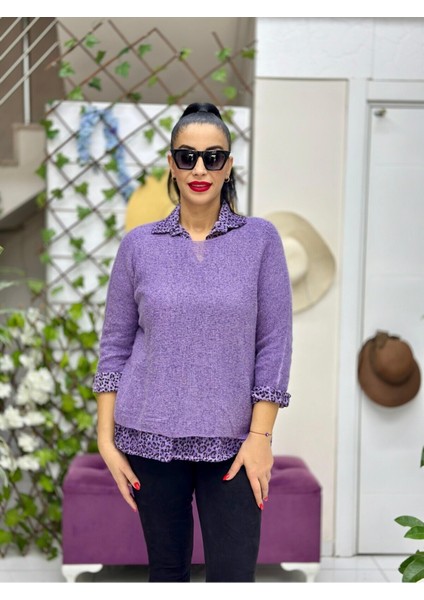 NC516028 Italyan Leopar Desen Fularlı Erkek Yaka Kazak Mor